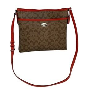 COACH Purse Shoulder Bag Crossbody Brown Red Coated Canvas Monogram Signature